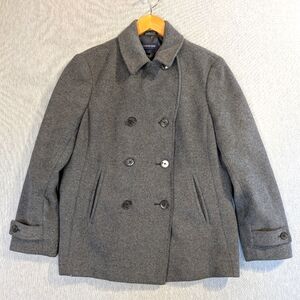 Lands End Wool Coat Women's 12P Gray Black Double Breasted Classic Peacoat